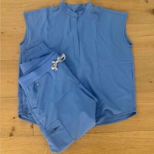 SET !!! Figs Blue Sleeveless Mock-Neck Top with Blue Drawstring Joggers!